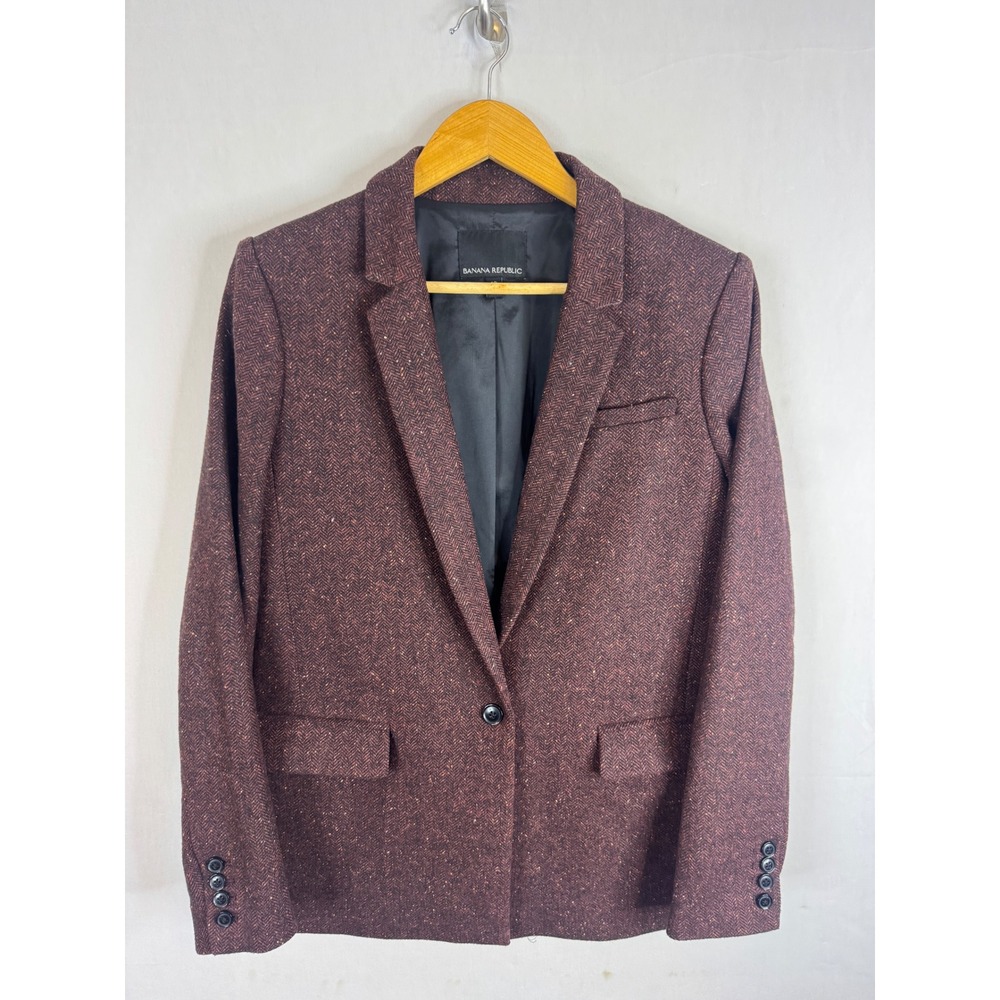 Banana Republic Burgundy Herringbone Wool Blend Single Button Blazer Size 10